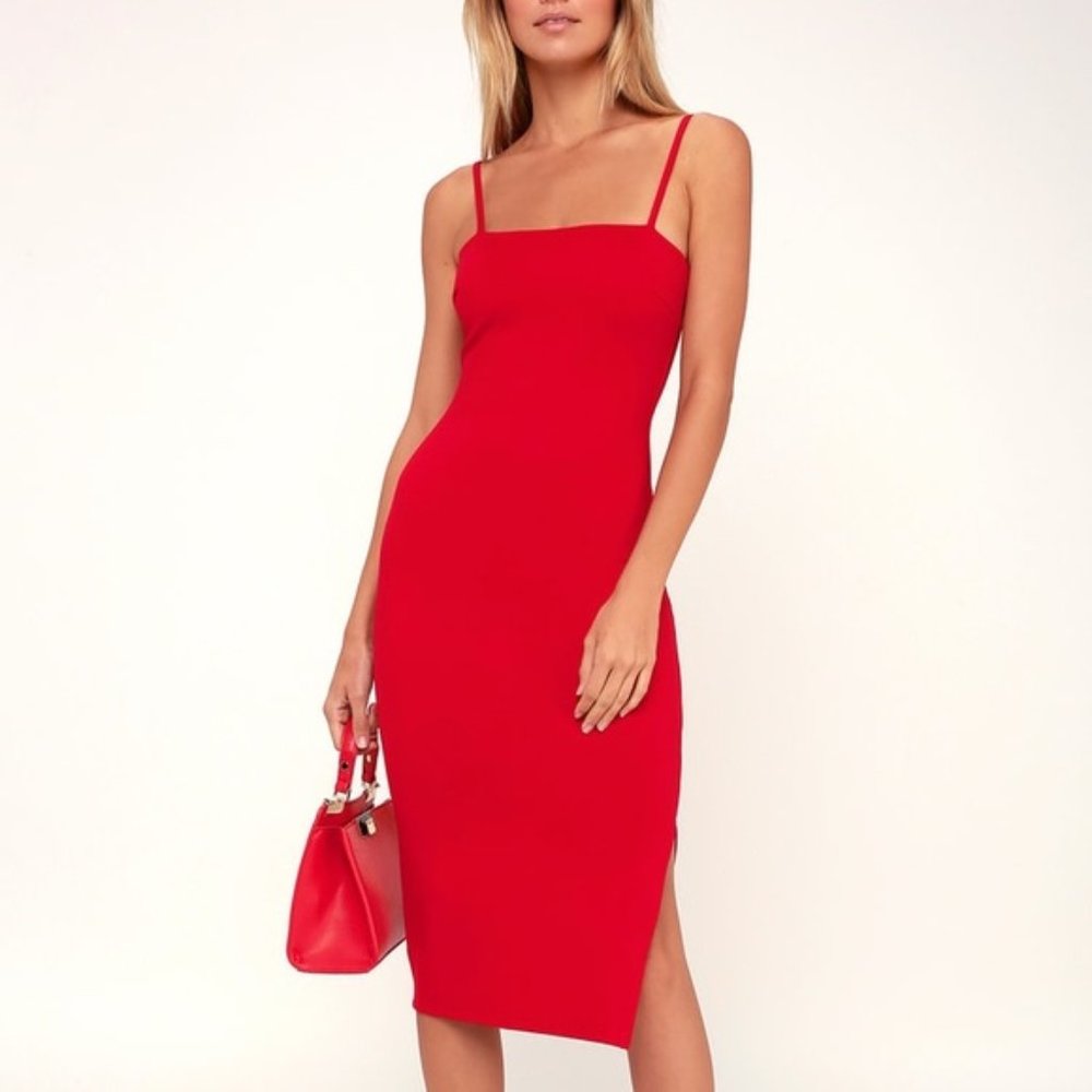 Lulu’s Red Square Neck Midi Bodycon Dress (Size M)